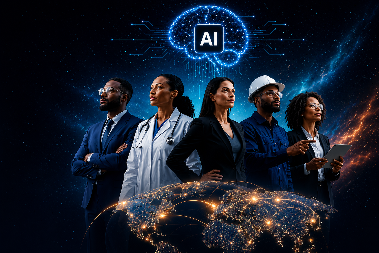 Diverse doctors, lawyers, engineers, and educators shaping the future of AI